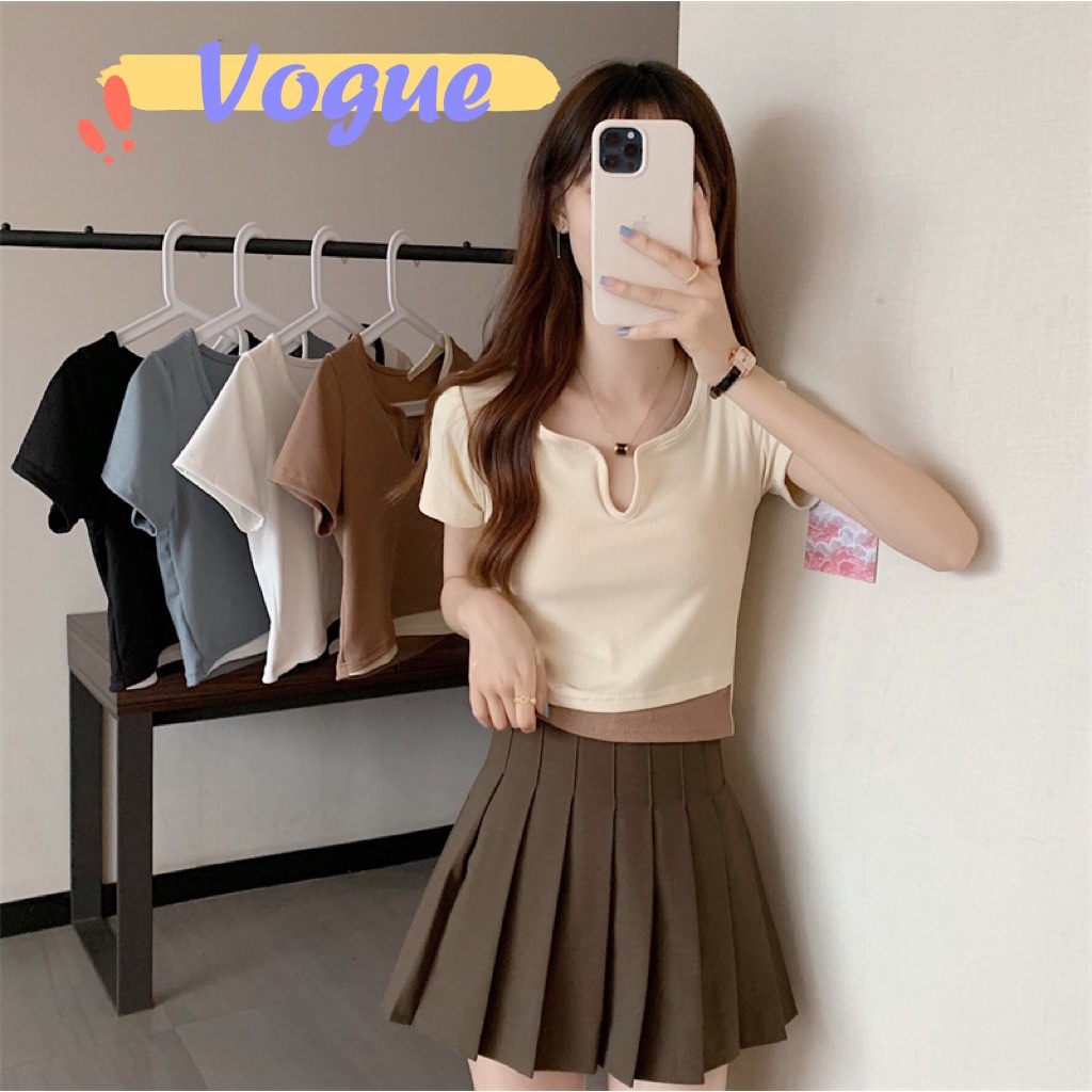 Vogue พร้อมส่ง เสื้อครอปไหมพรมแขนสั้นคอกลมใส่สบายสีพื้น (60106)