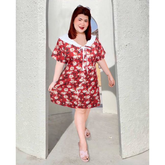 เดรสลายดอกเดซี่ รุ่นคอปกผูกโบว์ อก 42-46