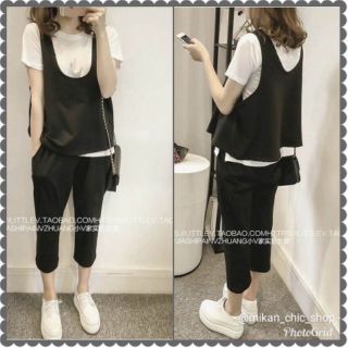 Set3ชิ้น เสื้อยืดขาว+กล้ามดำ+กางเกง5ส่วน ชิค&amp;คูล มาก