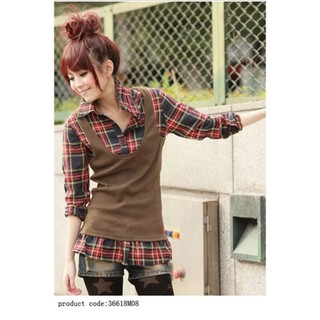 Check Shirt Brown เสื้อเชิ้ตลายตาราง แต่งเสื้อผ้ายืดคล้ายเสื้อกั๊ก คุณภาพดี ไซด์ XL