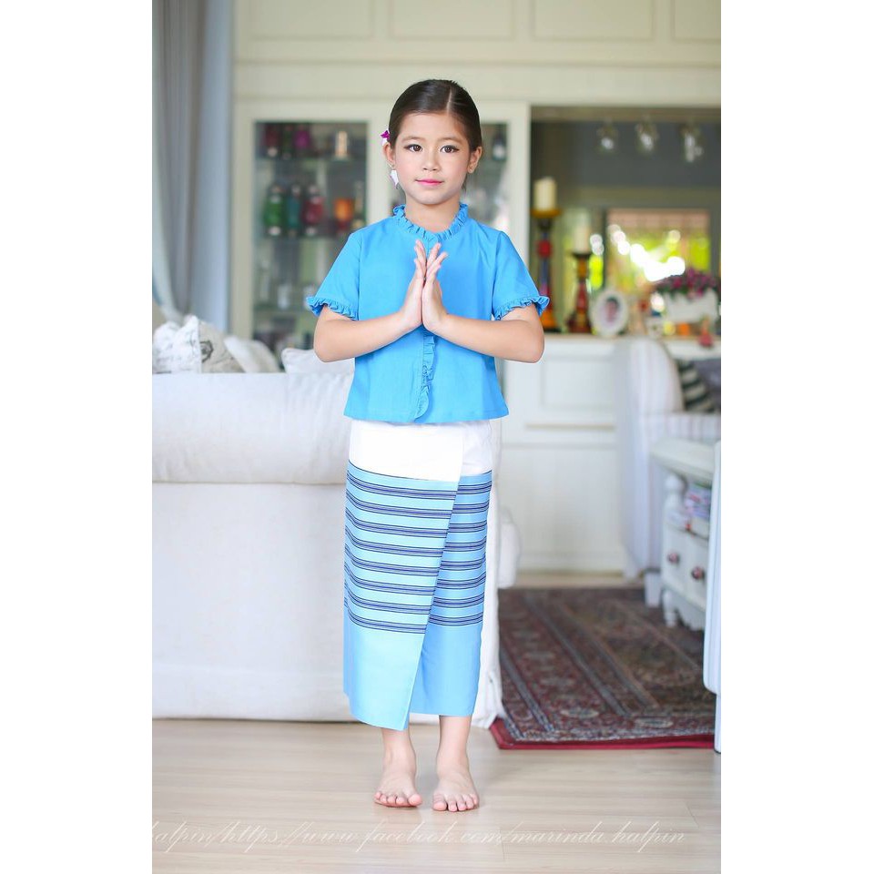 ชุดไทยพื้นเมืองผู้หญิง สีฟ้า เปิดเทอม วันผ้าไทย ชุดไทยเด็กแฮปปี้ ใช่ดี้ดีไม่ร้อนไม่คัน