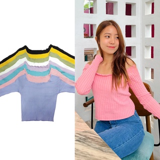 Big Store🎁เสื้อไหมพรมคอกว้างขอบย่น แขนยาว 8 สี