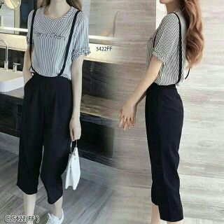 👚👖 H5422 เสื้อยืดคอกลมแขนสั้นลายริ้วปักตัวหนังสือ ใส่คู่กับเอี้ยมขา 5 ส่วน  เอี้ยมผ้านิ่มเนื้อดีสีดำสวย