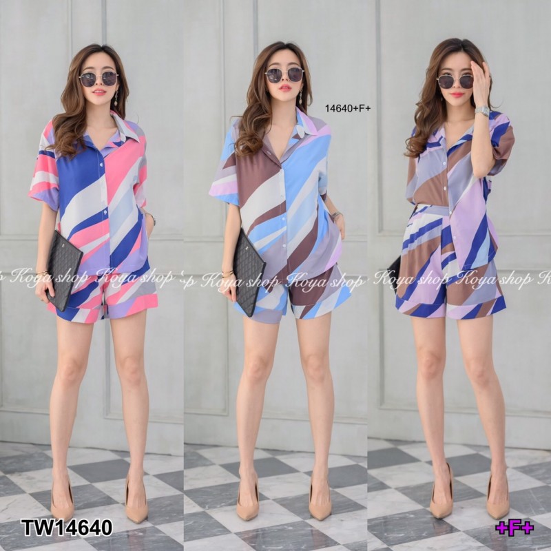 CS14640 Set เสื้อเชิ้ตแขนสั้น+กางเกงขาสั้น ลายกราฟฟิก