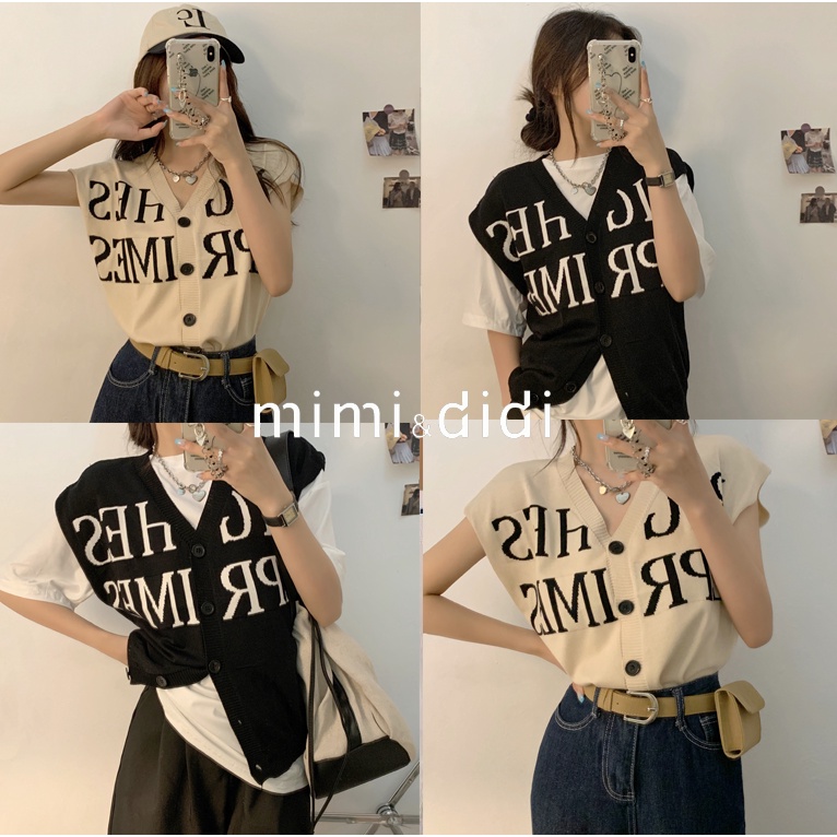 mimi&didi ​พร้อมส่ง​ เสื้อกั๊ก​ไหมพรมคอวีกระดุมหน้าเปิดได้ ลายตังอักษร​ผ้านิ่มใส่สบาย(94112)