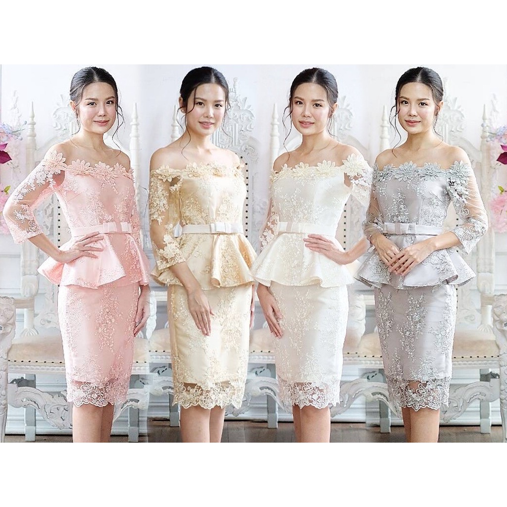 ชุดหมั้น ชุดเดรสลูกไม้เปิดไหล่ เย็บแต่งดอกไม้สวย⭐ S-XL สีโรสโกล/เทา/ทอง/ครีม/ฟ้า
