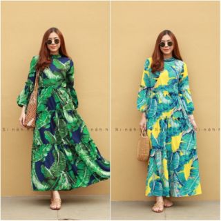 Maxi dress ปริ้นลายใบไม้ สีสันสดใส