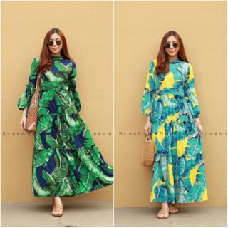 Maxi dress ปริ้นลายใบไม้ สีสันสดใส