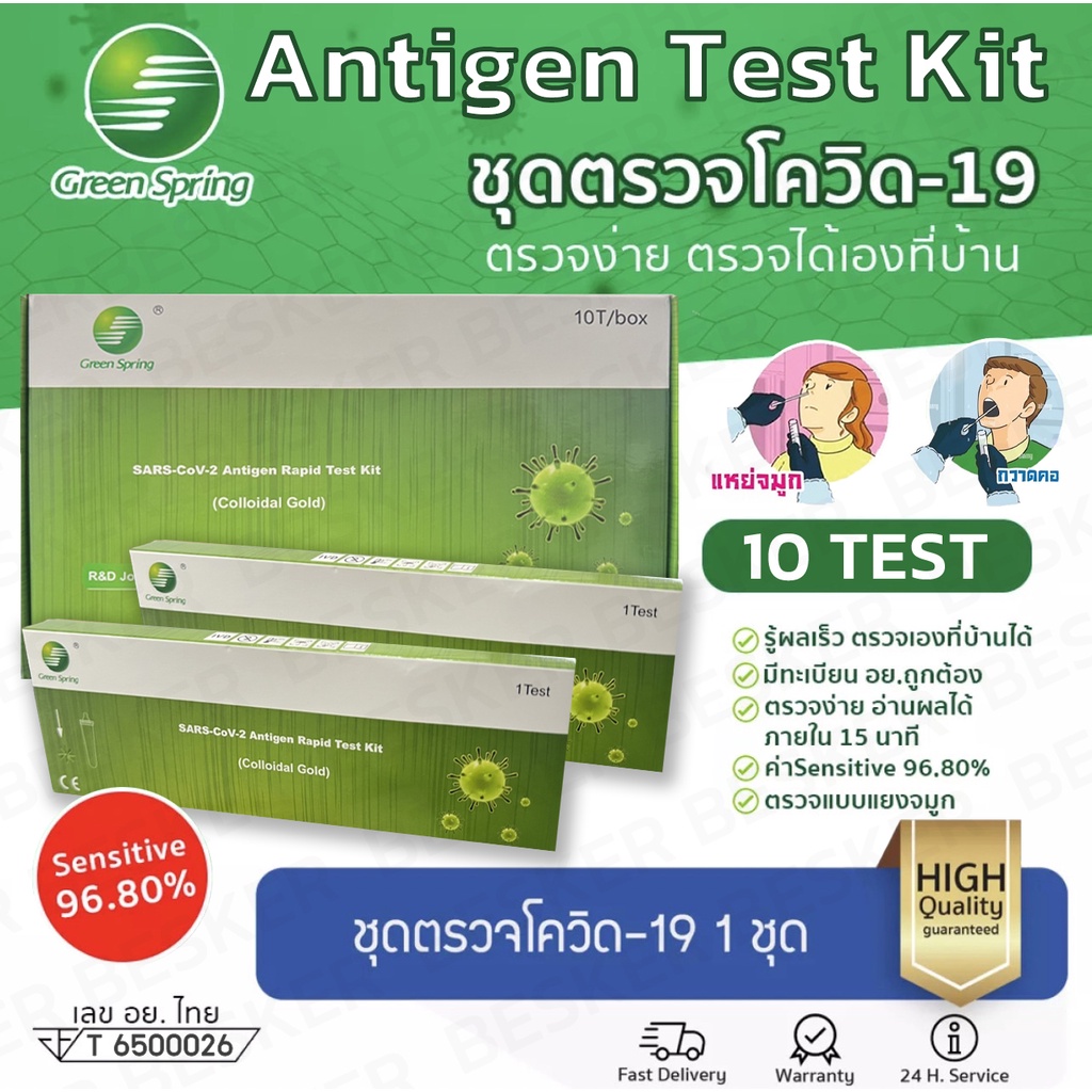 ชุดตรวจATK Green spring 10เทส/กล่อง ชุดตรวจโควิด Antigen test kit 2in1 ตรวจน้ำลาย แยงจมูก ใช้งานง่าย ผ่านมาตรฐาน อย.ไทย