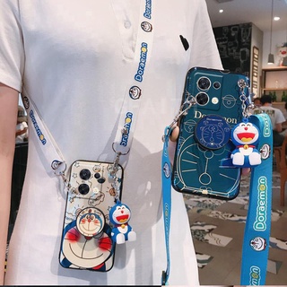 2022 New เคสโทรศัพท์ Oppo Reno8 5G / Reno8 Pro 5G Fashion Cute Cartoon Neck Strap Rope Doraemon Doll Bracket Soft Case Cover เคส OPPO Reno 8 Reno8Pro