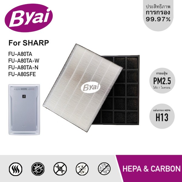 แผ่นกรองอากาศ HEPA H13 Filter FZ-A80SFE และ กรองคาร์บอน สำหรับเครื่องฟอกอากาศ sharp รุ่น FU-A80TA ยี่ห้อ Byai