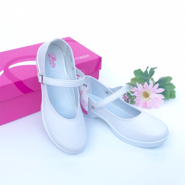 🔥SALE🔥รองเท้าพยาบาล คัชชูสีขาว ส้นเตี้ย มีสายคาด หนังเทียม สวย แบรนด์แท้ Popteen