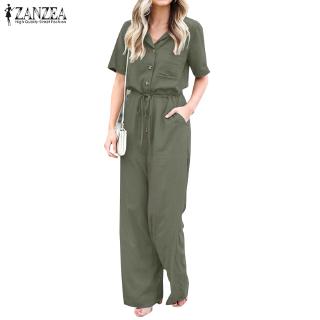 ZANZEA Women Casual Wide Leg Collared Belted Jumpsuit