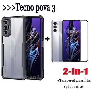 2in1 TECNO POVA 3 Case Shockproof Transparent Hard Cover and Tempered Glass Screen Protector