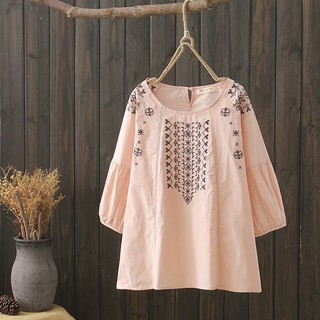 เสื้อลำลองผ้าฝ้าย คอกลม แขน5ส่วน สไตล์ Native Pattern สีชมพู