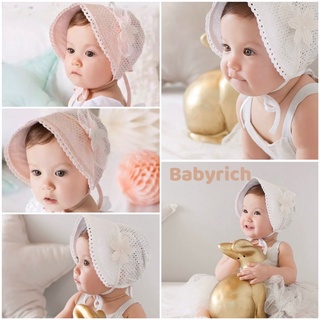 หมวกเด็กหญิงติดดอกไม้ ผูกโบว์ใต้คาง น่ารัก เบบี๋ ทารก baby girl hat beanie สวมศีรษะ สีหวาน accessories