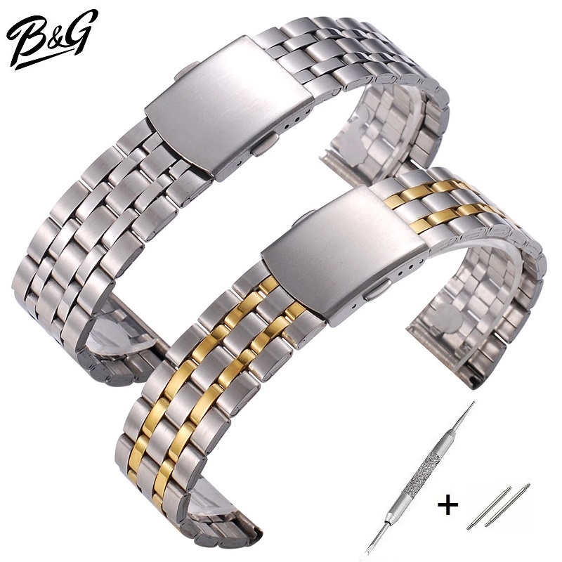 B&G สายนาฬิกา สแตนเลส ปลายตรง ลาย 5 แถว แถมเครื่องมือถอดสายและสปริงบาร์ 1 คู่