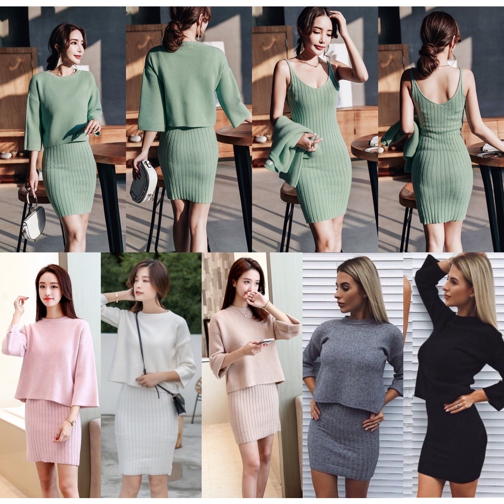 (พร้อมส่ง)ชุดเซ็ต2ชิ้น เดรสไหมพรมสายเดี่ยว+เสื้อไหมพรมคอกลม ไหมพรมเนื้อหนานุ่มเด้ง เนื้อละเอียด ไม่ค