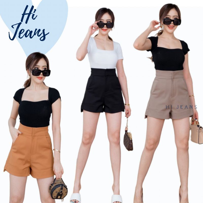 กางเกงขาสั้นเอวสูง2ตะขอผ้าดับเบิ้ล รุ่นมิวนิษฐา