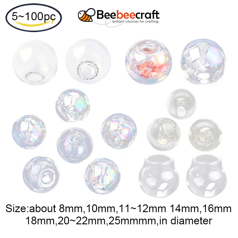 ขวดแก้ว ทรงกลม ขนาด 8-25 มม. รูขนาด 3~5 มม. สําหรับทําเครื่องประดับ ต่างหู DIy 5-100 ชิ้น