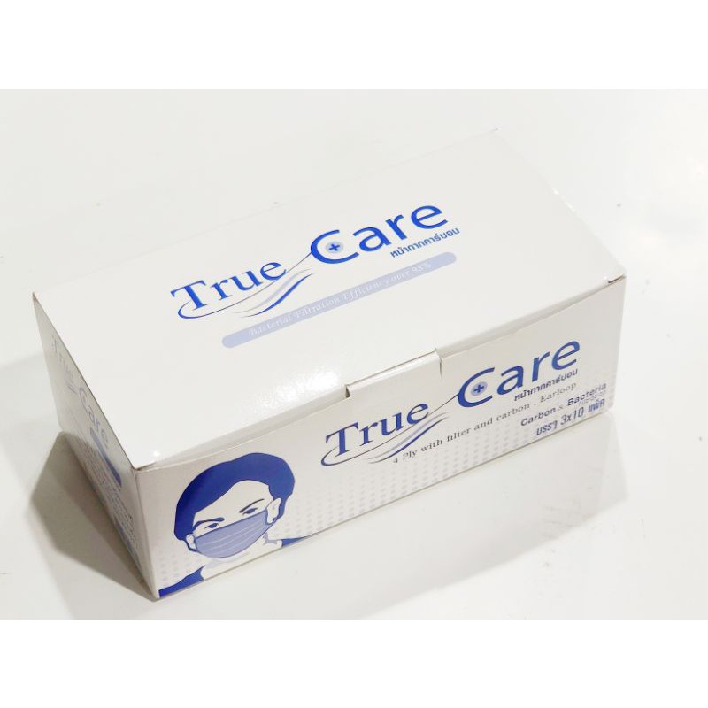 [กล่องละ30ชิ้น] หน้ากากอนามัย คาร์บอน True care ทรูแคร์ ปิดจมูก 4 ชั้น บรรจุ 3 ชิ้น จำนวน 10 ซอง (30 ชิ้น  ต่อ กล่อง)
