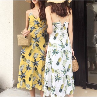 New🌾🍍🍍maxi dress ลายสัปรด สายเดี่ยวจากด้านหน้า มาผูกไขว่ด้านหลัง