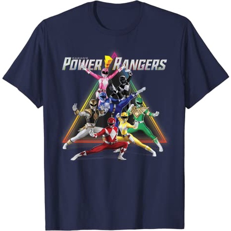 เสื้อยืดผ้าฝ้ายพรีเมี่ยม เสื้อยืด ทรงสามเหลี่ยม ลาย Power Rangers Group Shot สีรุ้ง