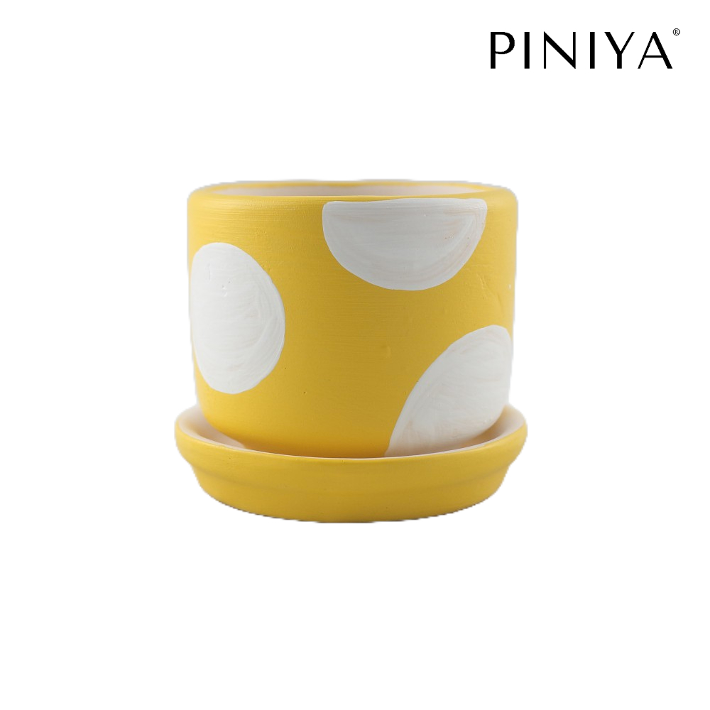 Piniya พินิยา - กระถางต้นไม้ ดินเผา รุ่น น่ารักเล็ก, ลายจุดขาว, สีเหลือง
