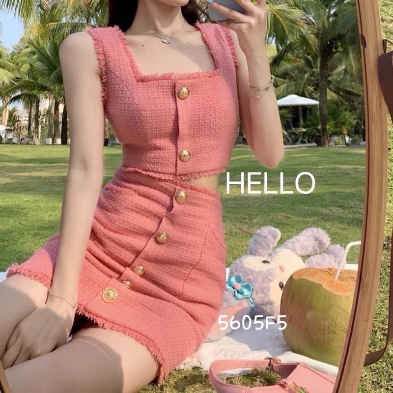 5605F5 New arrivals ชุดเซ็ท เสื้อแขนกุด+กระโปรง ผ้าทวิต ที่หลายคนกำลังตามหามาแล้วจ้าาา
