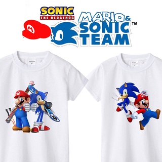 เสื้อยืด แขนสั้น พิมพ์ลายการ์ตูน Sonic the Hedgehog with Mario เป็นมิตรกับผิวหนัง สําหรับเด็กผู้ชาย และเด็กผู้หญิง