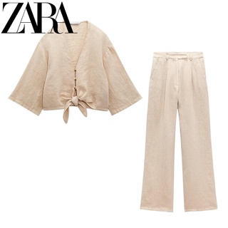 Zara ฤดูร้อนใหม่ตกแต่งผ้าลินินคอวีเสื้อสั้น + กางเกงขากว้างเอวสูง 8291500 8292500