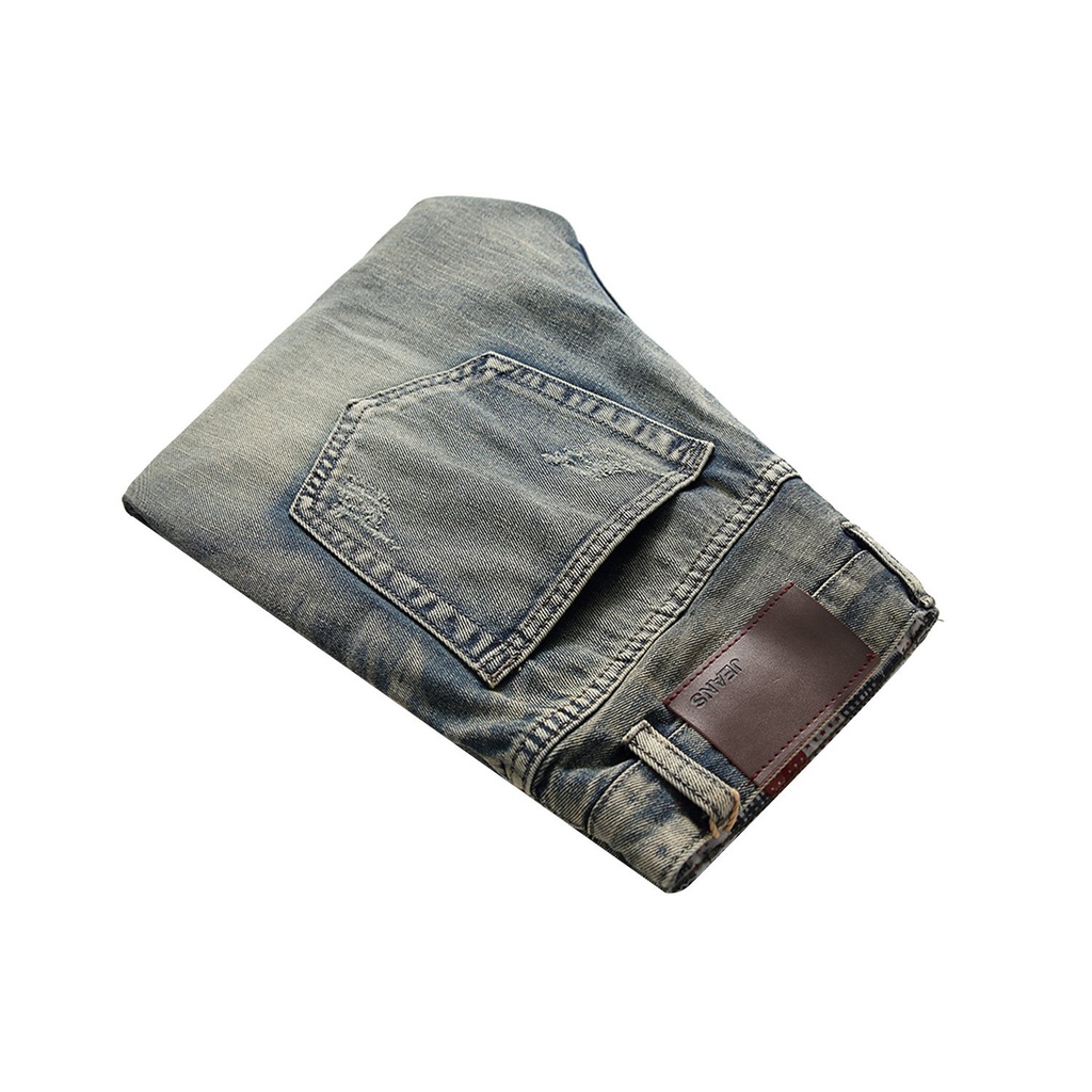 Mens broken hole nostalgic Jeans Straight Tube slim fitting mens jeans ...