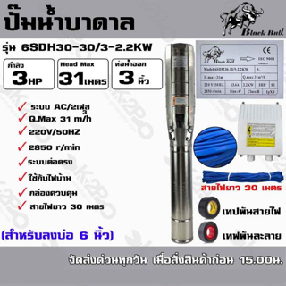 ปั๊มบาดาล Black Bull AC 3 HP 2เฟส 220v บ่อ 6 นิ้ว ท่อน้ำออก 3 นิ้ว รุ่น 6SDM30-30/3-2.2KW สายไฟยาว 30 เมตร กล่องควบคุม