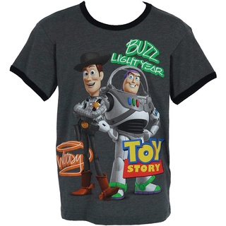 ดิสนีย์เสือยืดผู้ชาย เสื้อบอดี้โ Disney Toy Story Youth T-Shirt Woody Buzz, Charcoal &amp; Black Disney T-shirt]xs