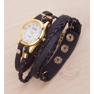 นาฬิกาสายหนังถักสุภาพสตรี Vintage Leather Bracelet Women Quartz (สีดำ)