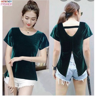 พร้อมส่ง💥เสื้อยืดกํามะหยี่ รุ่นคอกลม ผ่าหลัง มีไซส์ M, L , XL ,และ 2XL - 3XL