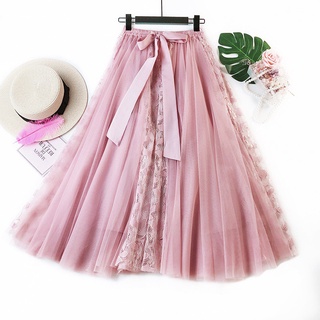 Summer new lace skirt sweet bow high waist gauze skirt gentle wind half length skirt