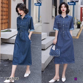 TwinsShopVip💗พร้อมส่ง TW17056 เดรสยีนเทียมแขนพับกระดุมครึ่งตัว  Half-button folded sleeves denim dress