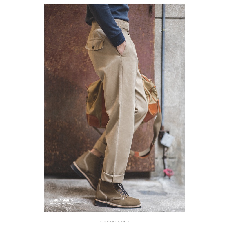 Retro Workwear สไตล์ชายหนุ่มผู้ใหญ่สุภาพบุรุษ American World War II เอวสูง Gurga army กางเกงสีกากีตรง Neapolitan กางเกงชาย Gurkha กางเกง — صورة 2