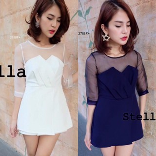 SS2788 Jumpsuit จั๊มสูทแขนซีทรู จับจีบหน้า ทรงกางเกงกระโปรง