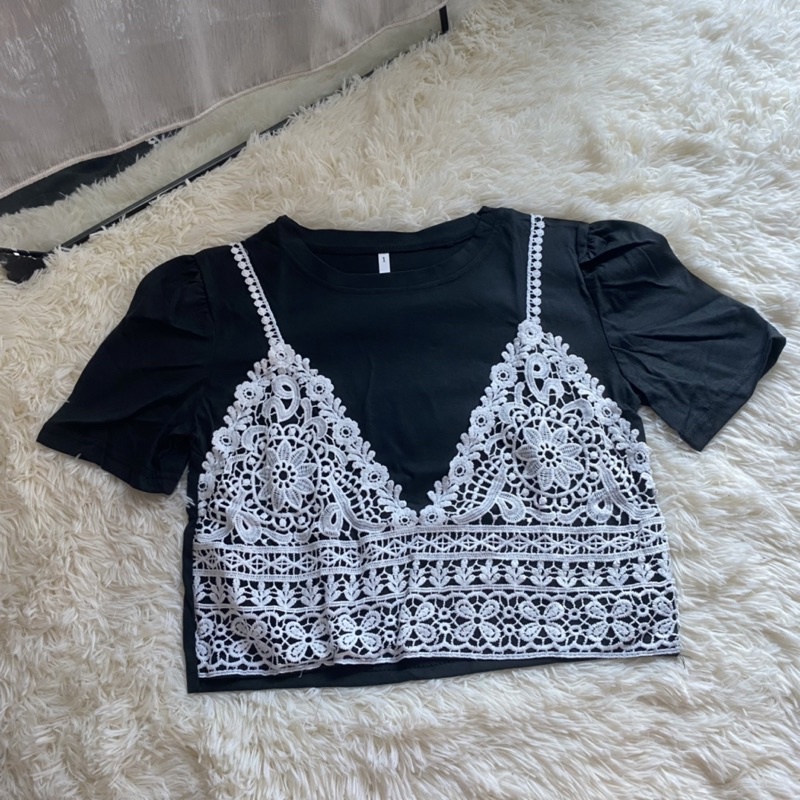 พร้อมส่งจากไทย✅ เสื้อครอป คอกลม แขนสั้น แต่งลูกไม้
