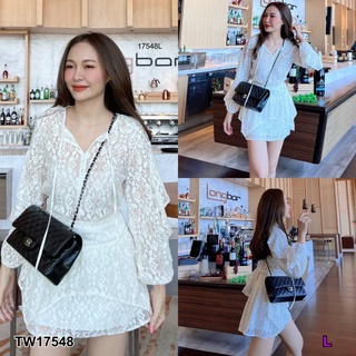 👗Pfashion [ส่งไว!!🚛] P17548 Set 2 ชิ้น เสื้อลูกไม้แขนยาวระบาย + กระโปรงลูกไม้สั้น