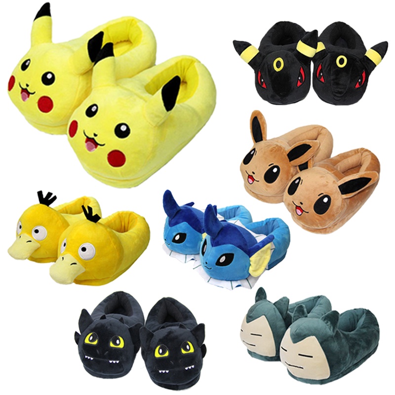 Pokemon การ์ตูนอะนิเมะ Plush รองเท้าแตะผ้าฝ้าย Pikachu Psyduck Vaporeon Snorlax ผู้ใหญ่เด็กอุ่น Plus