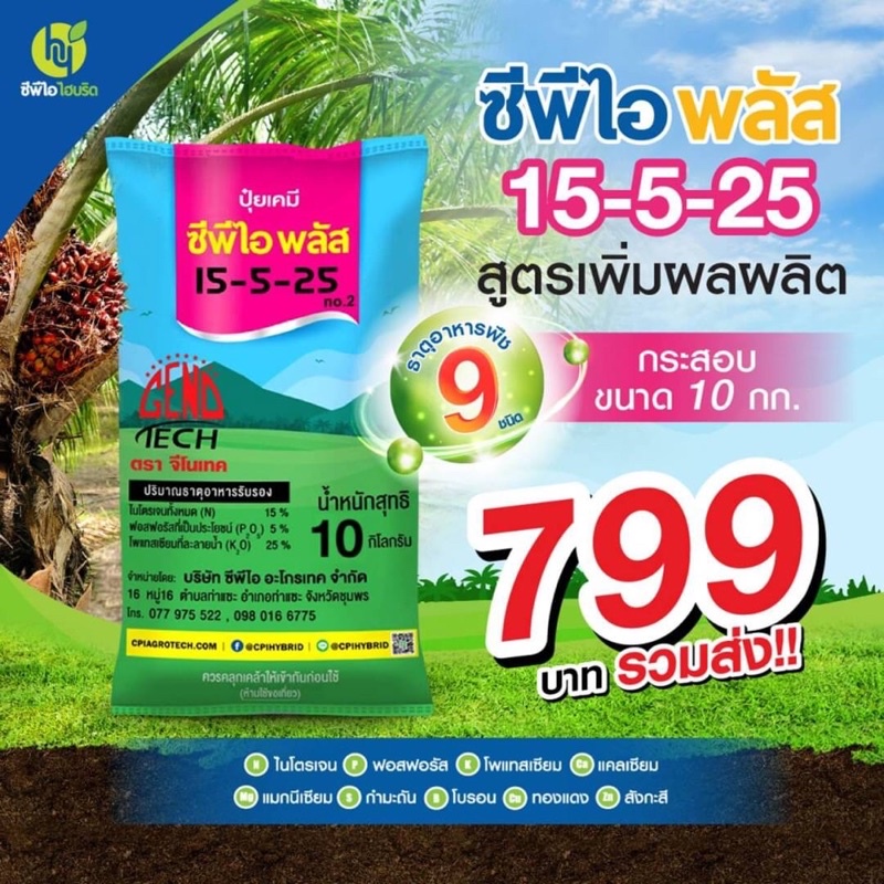 ปุ๋ยเคมี  ซีพีไอ พลัส (สูตร 15-5-25) ขนาด 10 กก.  สูตรเพิ่มผลผลิต อุดมด้วยธาตุอาหารสำคัญสำหรับพืช 9 