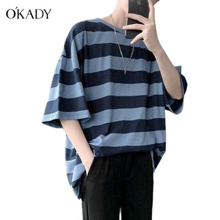 OKADY เสื้อยืดแขนสั้นผู้ชายลายทางฤดูร้อนหลวมและบางระบายอากาศและซับเหงื่อสวมใส่สบาย