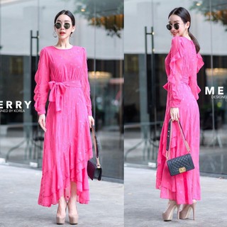 พร้อมส่ง-Merry Maxi Dress แขนยาวสีชมพู ชายกระโปรงแต่งระบายย้วย 2 ชั้น ผ่าขาเบาๆ ผ้าทออย่างดี