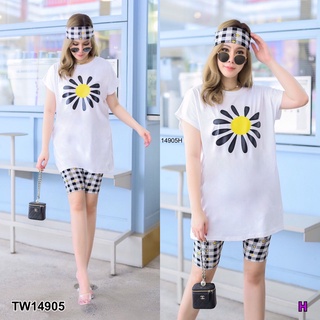 TW14905 Set 3 ชิ้น #สาวอวบ เสื้อคอกลม ไหล่ล้ำ ผ้าคอตตอนสกรีนลายดอกไม้ + เลกกิ้งขาสั้น เนื้อผ้า ITY ลายสก็อต + ผ้าคาดผม