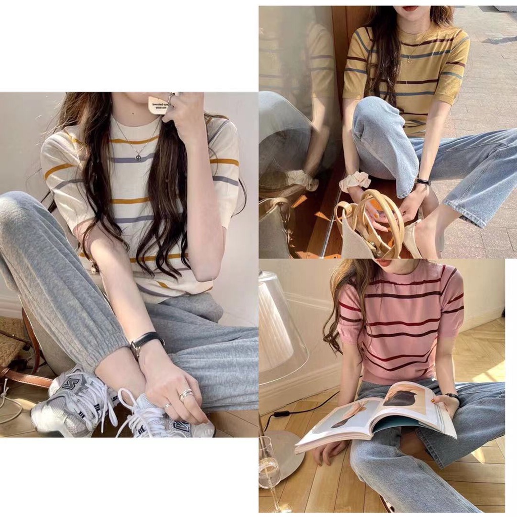 พร้อมส่งเสื้อยืดไหมพรม อย่างดี แขนสั้น ลายทาง1568 - hd.hx - ThaiPick