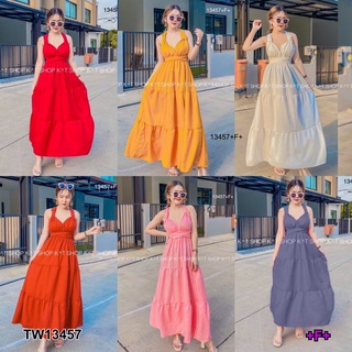 13457 Dress แม็กซี่เดรส คล้องคอผูกโบว์ ผ้าโฟร์ฟร์เวย์สีพื้น