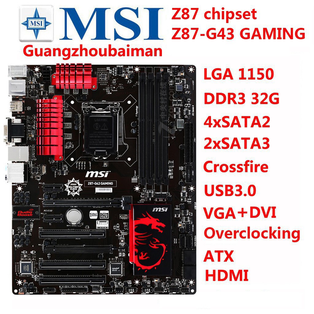 Used Msi Z87 G43 Gaming Original Mainboard Ddr3 Lga 1150 Usb2 0 Usb3 0 Dvi Hdmi Vga 32gb Z87 I3 I5 I7 Z87 Used Desktop Motherboard Similar To H81 B85 H87 H97 ราคาท ด ท ส ด